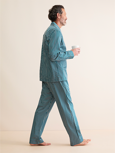 Men's Classic Fit Cotton Pyjamas in Teal & White Stripe