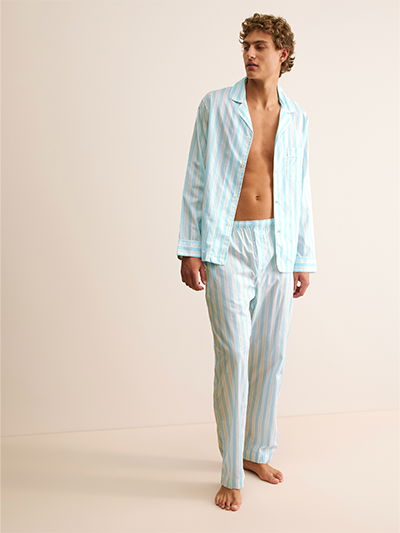 Men's Classic Fit Cotton Batiste Pyjamas in Aqua Blue Stripe