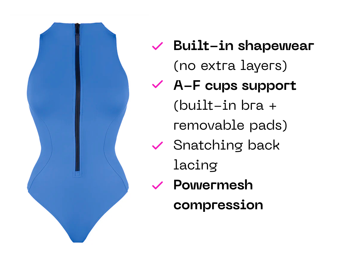 A blue one-piece swimsuit with a high neck and a front zipper.