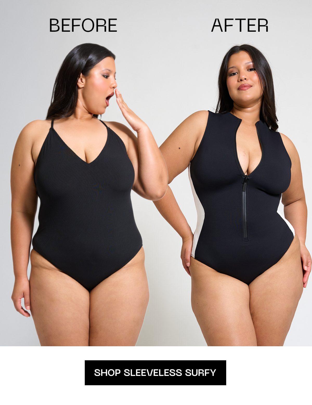 Comparison of two swimwear styles on a model, showing before and after looks.