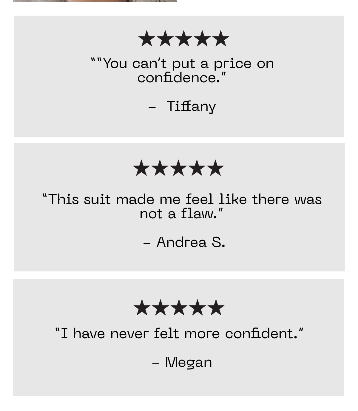 Customer testimonials with quotes about confidence and satisfaction.