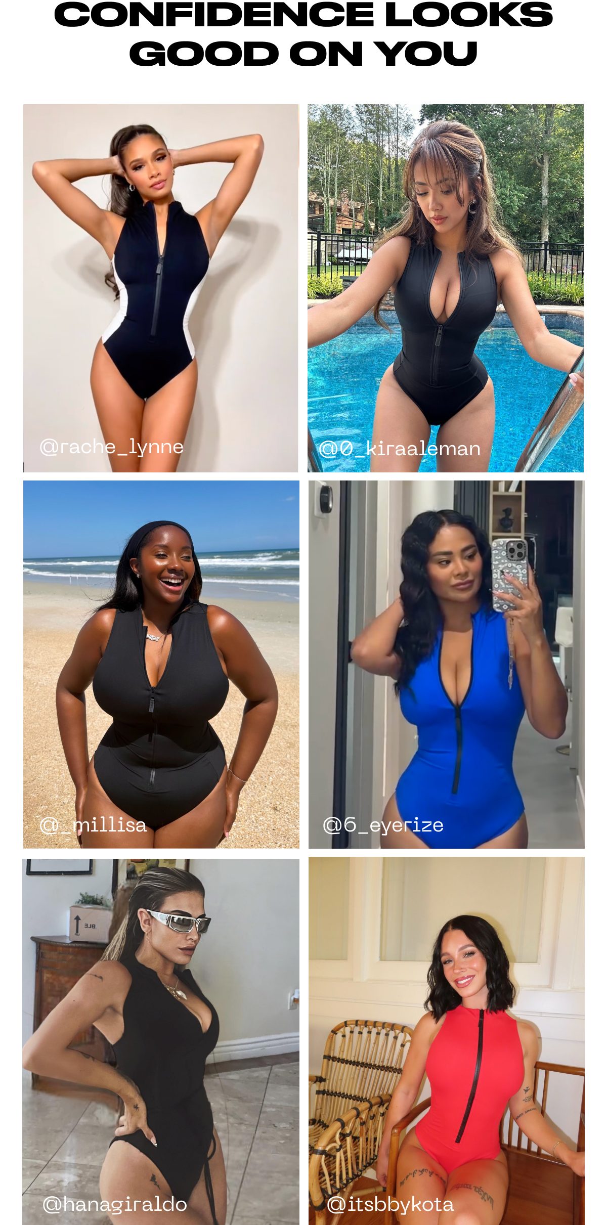 Collage of six women in stylish swimsuits with the text 'Confidence looks good on you'.