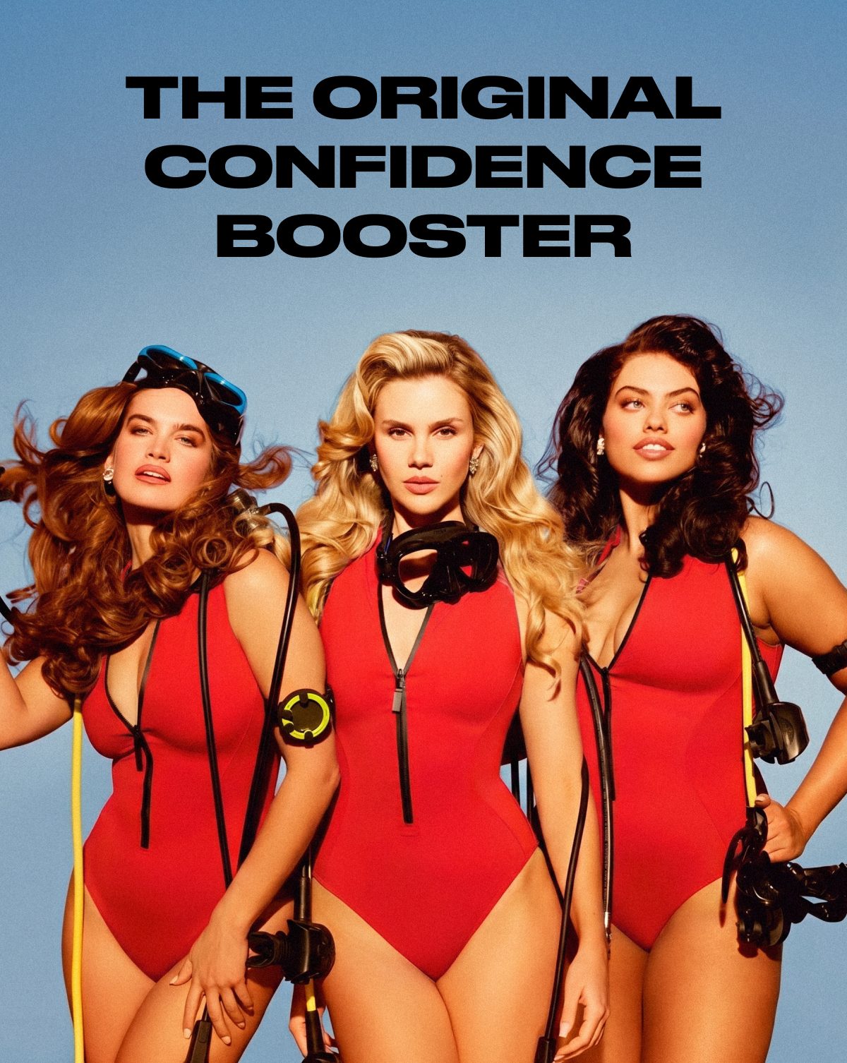 Three women in red swimsuits with diving gear, text reads 'The original confidence booster'.
