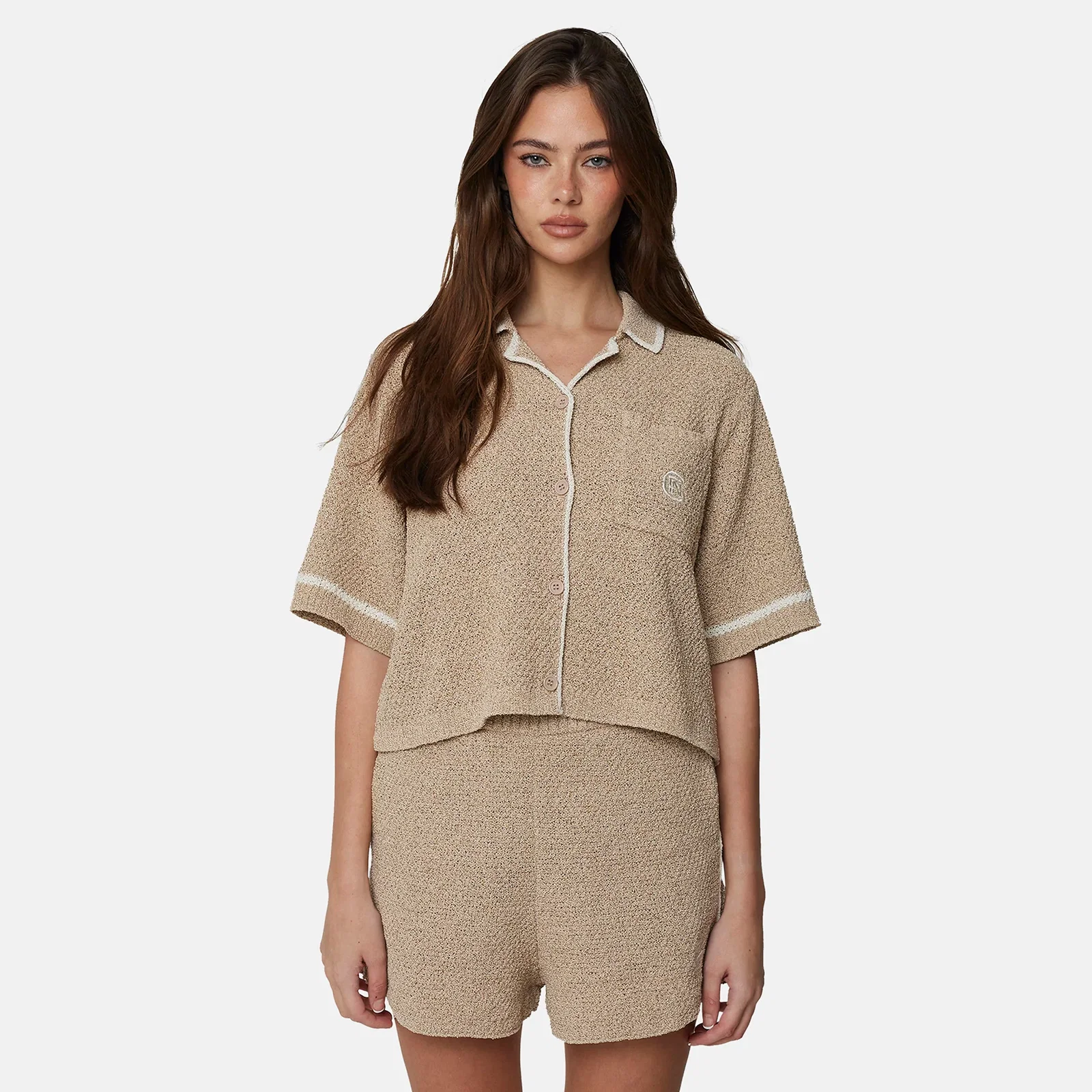 Image of Knitted Monogram Cropped Taupe Shirt