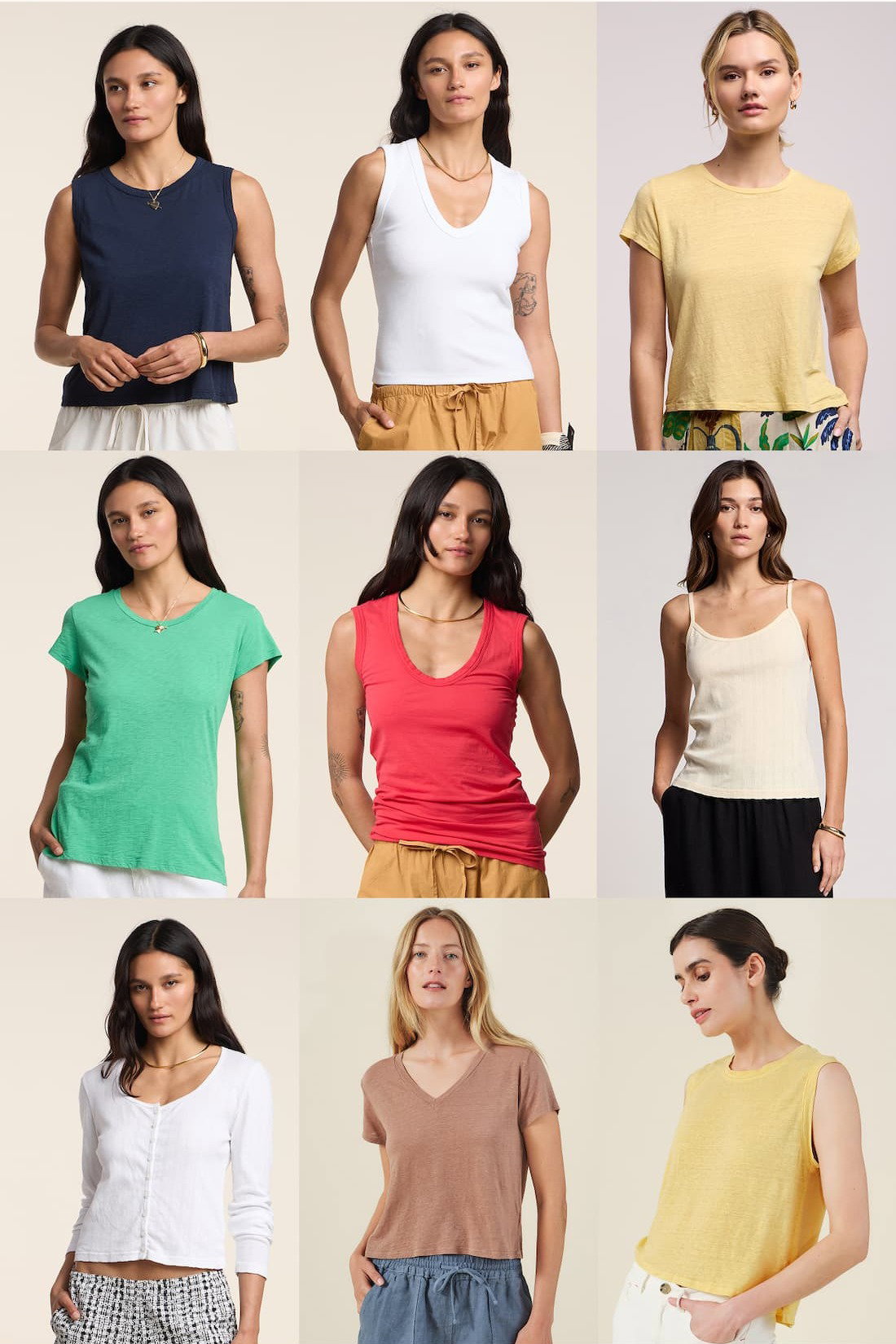 Grid of 9 models wearing: Ambria Tank, Demi Tank, Casey Tee, , Odelia Tee, Estina Tank, Lynn Tank, Zelda Cardigan, Amber Tee, Trinity Tank