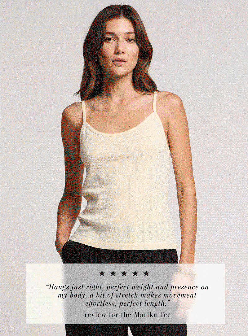GIF of 4 models wearing: Zelda Cardigan, Amber Tee, Casey Tee, and Lynn Tank. Customer review reads: 5 stars - Hangs just right, perfect weight and presence on my body, a bit of stretch makes movement effortless, perfect length." Review for the Marika Tee