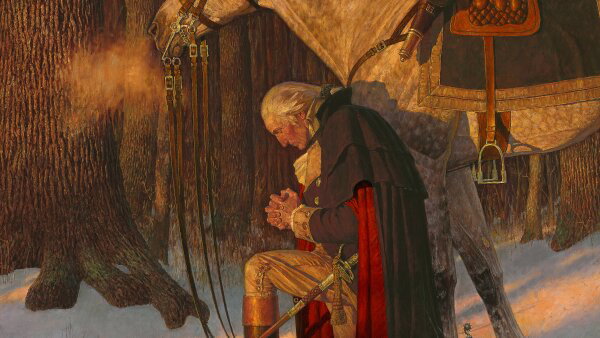  "The Prayer at Valley Forge", a 1975 painting by Arnold Friberg done for America's bicentennial celebration. It depicts former President George Washington kneeling in the snow with his hands clasped next to a white horse. 