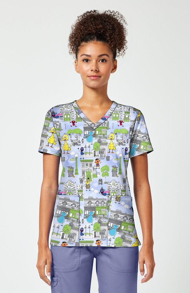 Image of Women's Doodle Days Sesame Street Print Scrub Top
