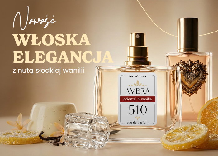 Amber 510 oriental & vanilla perfume bottle with spray, vanilla pod, soap and candied orange slices on an elegant promotional background