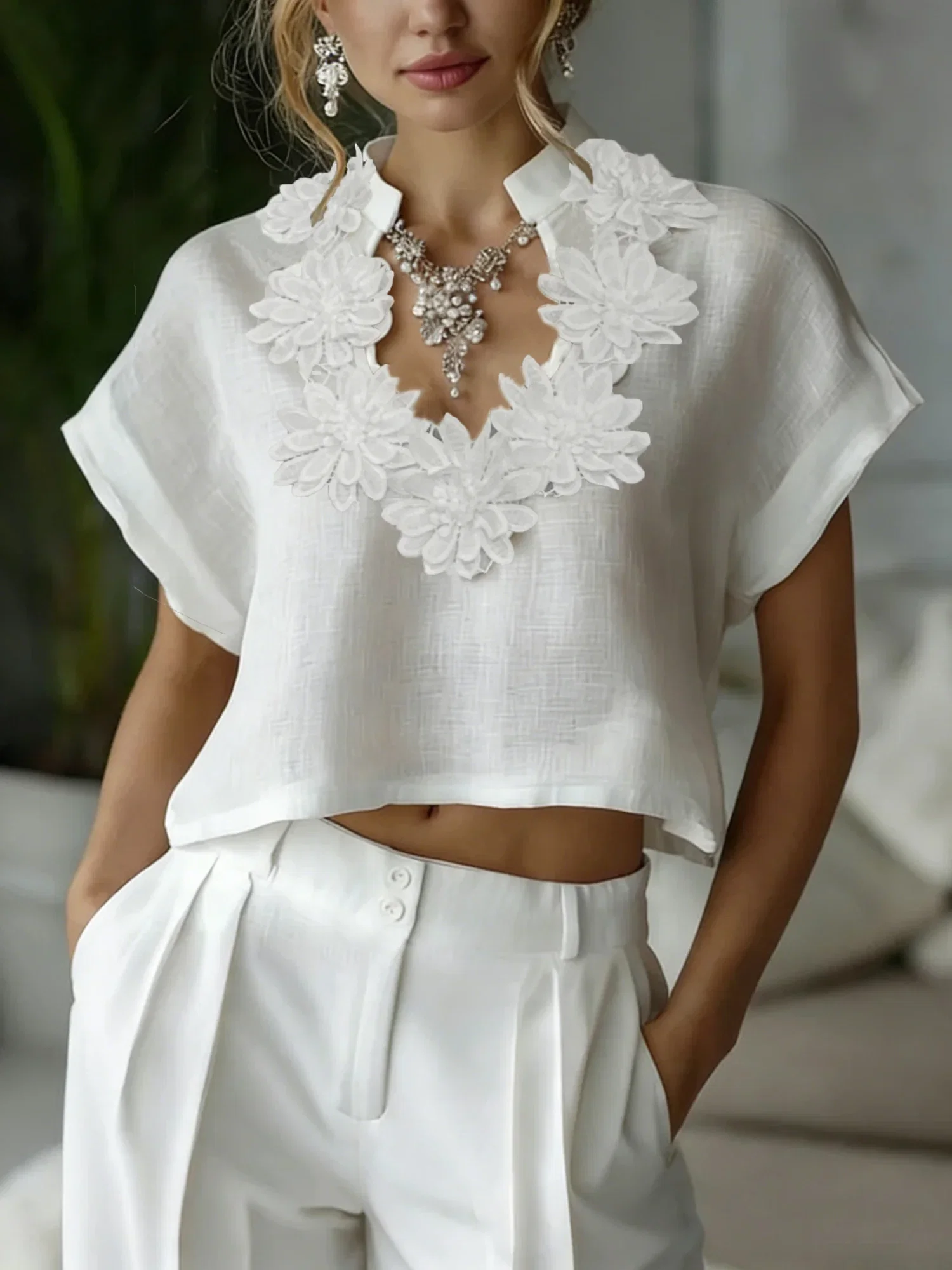 Image of Cotton And Linen Casual Plain Stand Collar Blouse