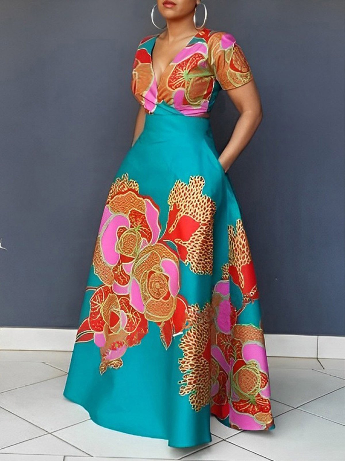 Image of Elegant Floral V Neck Short Sleeve Dress