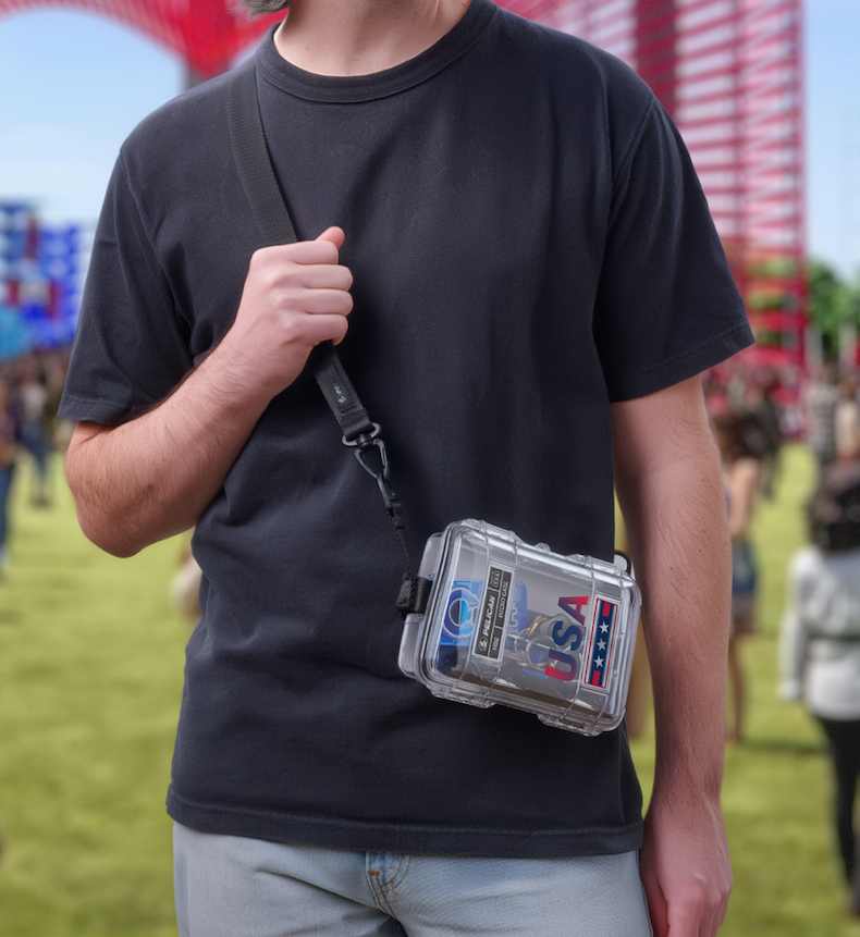A model wearing a USA Pelican Micro Case