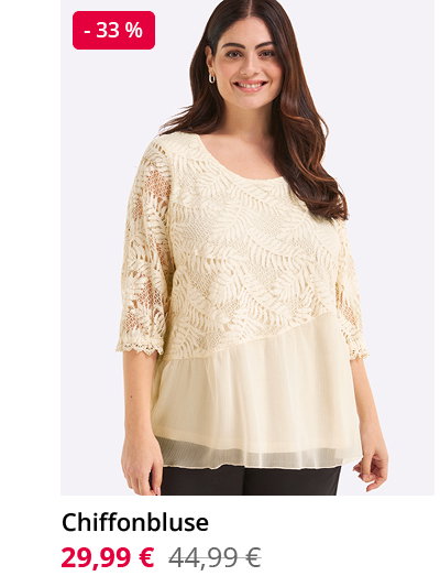 Ein Model trägt eine champagner farbene Chiffonbluse mit Baumwoll-Spitze. Preisreduktion -33 % von 44,99 auf nun 29,99