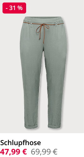 Eine eukalyptus farbene Schlupfhose im Leinen-Mix. Preisreduktion -31% von 69,99 auf nun 47,99