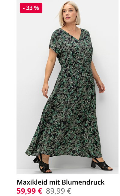 Ein Model trägt ein schwarz-grünes Maxikleid mit Blumendruck und gesmokter Taille. Preisreduktion -33 % von 89,99 auf nun 59,99
