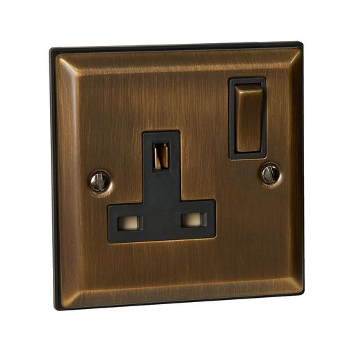 Single 13A Socket with Metal Rocker & Stepped Edge - Antique Brass