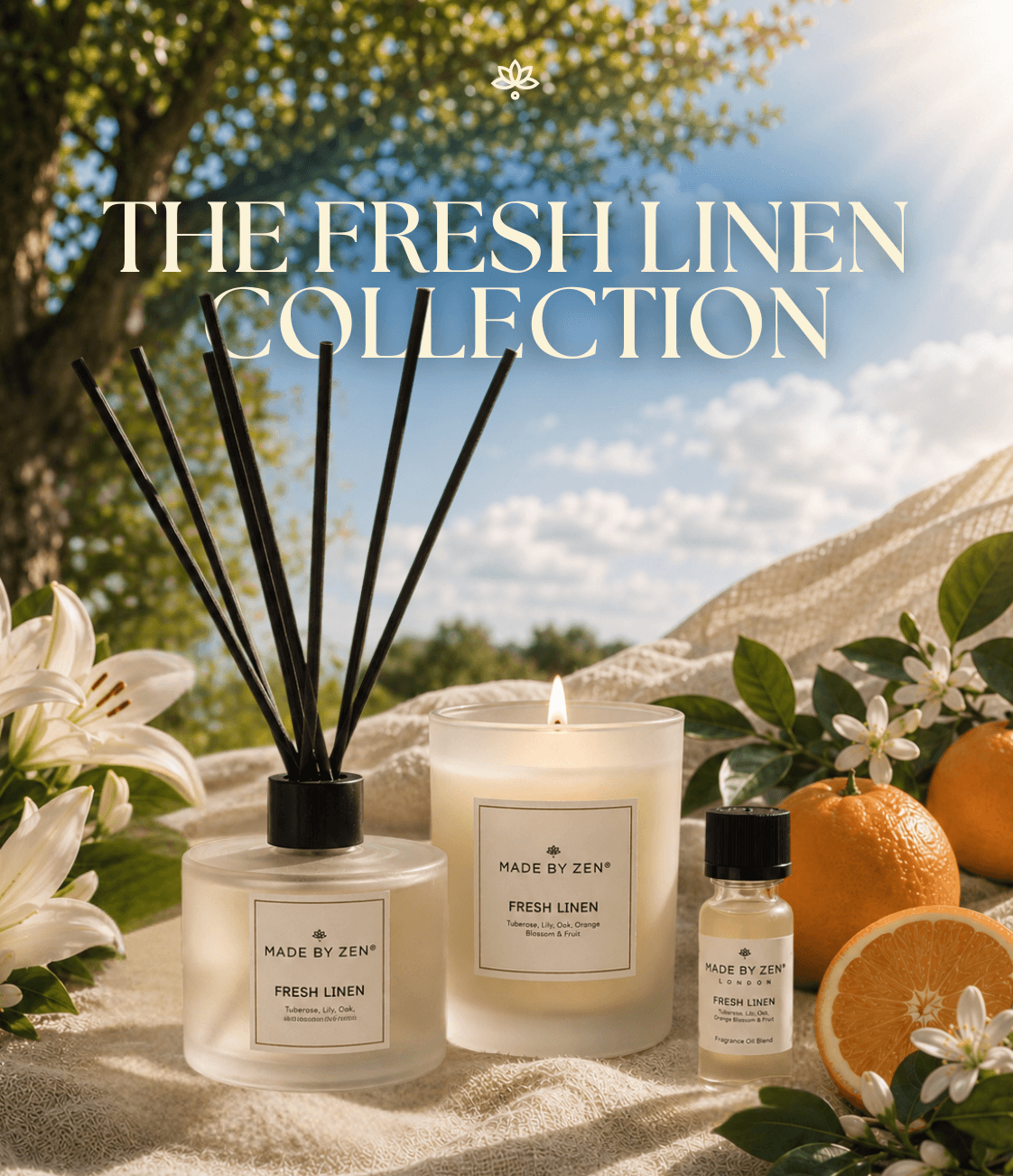Fresh Linen collection Reed diffuser Candle and Oil