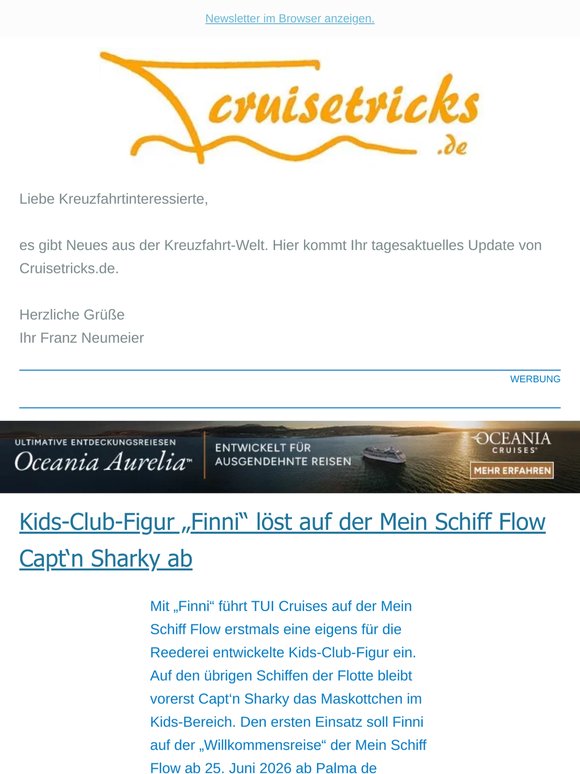 News, u.a.: "Kids-Club-Figur „Finni“ löst auf der Mein Schiff Flow Capt‘n Sharky ab" - von cruisetricks.de