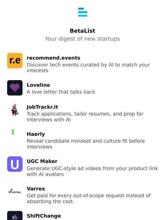 recommend.events, Loveline, JobTrackr.it, Haerly, UGC Maker, and more