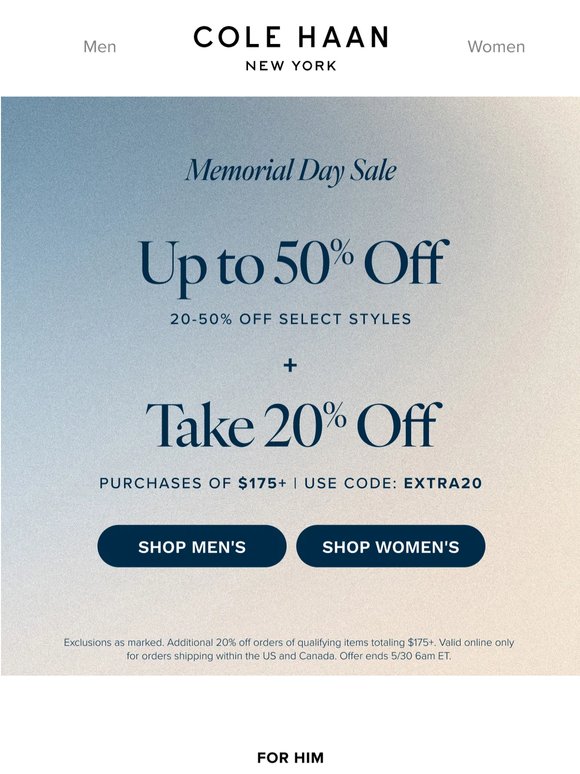 Memorial Day Sale: up to 50% off select styles + 20% off $175+