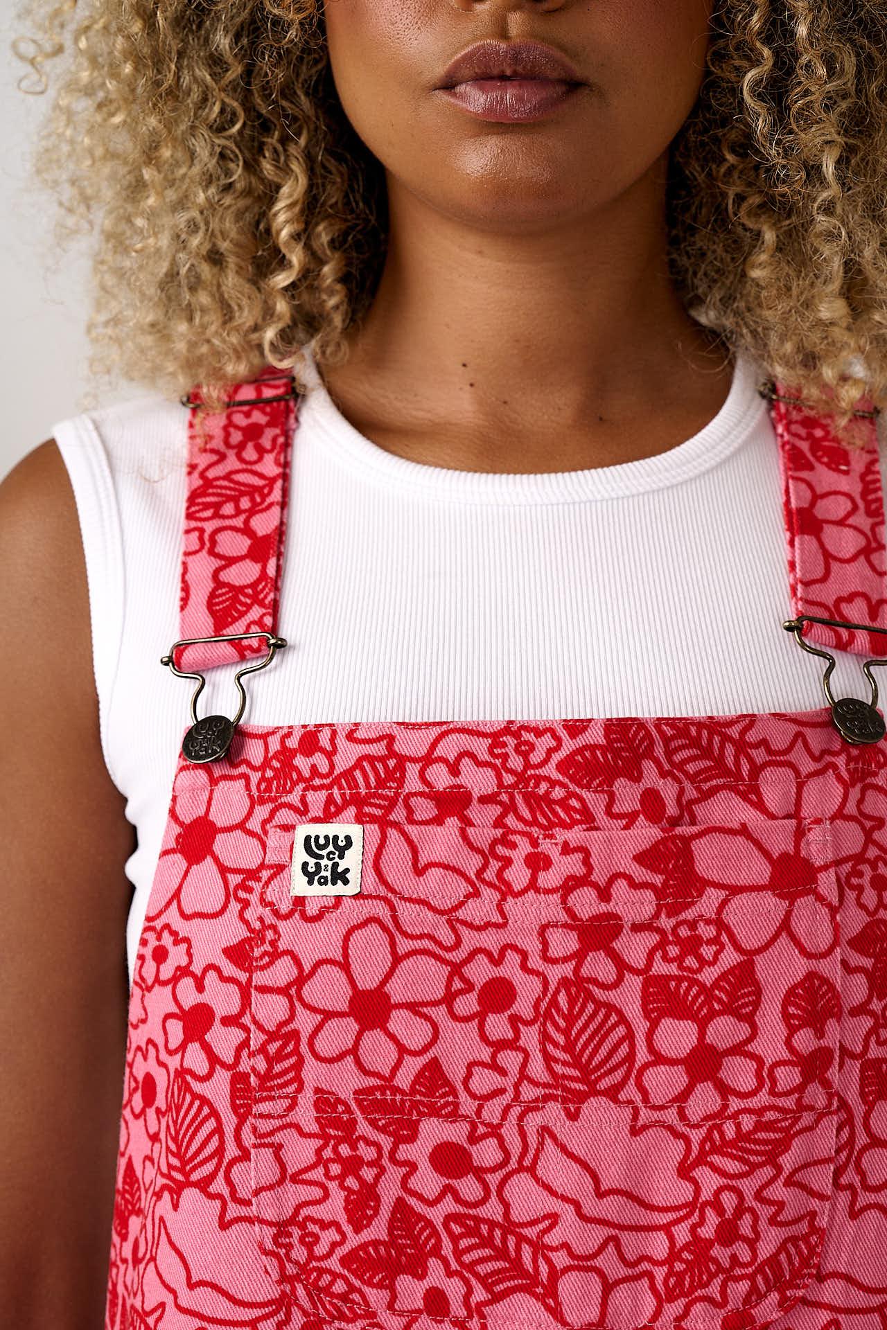 Toluca - Cotton Barrel Leg Dungarees in Pink & Red Kahlo Bloom
