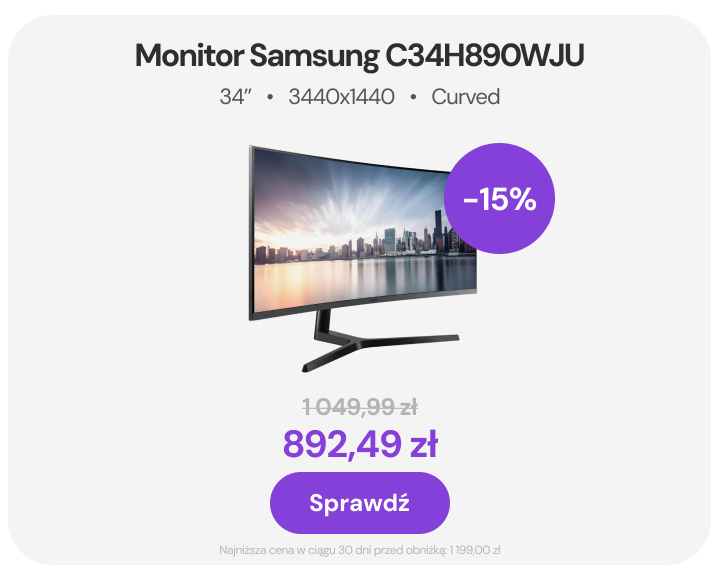 Monitor Samsung C34H890WJU 34“ Curved LED 3440x1440 VA HDMI DisplayPort Klasa A