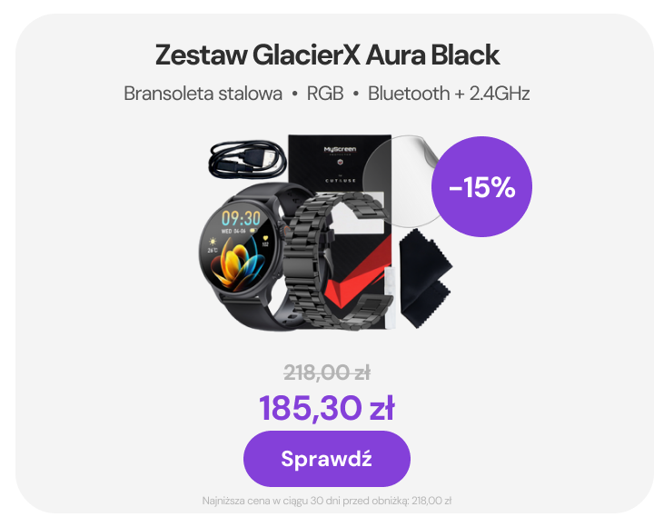Nowy Smartwatch GlacierX Aura Black + Bransoleta stalowa GX-AC60 BS + Folia ochronna
