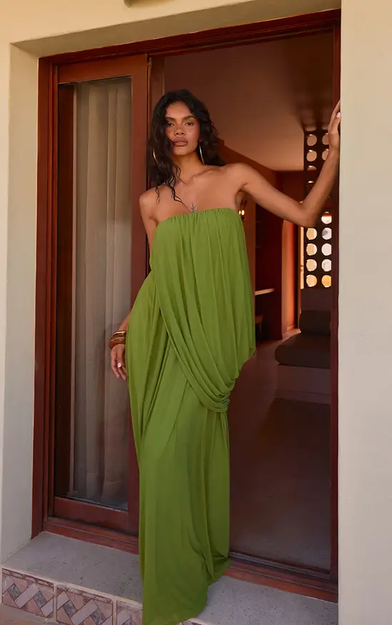 Green Mesh Drape Bandeau Maxi Dress