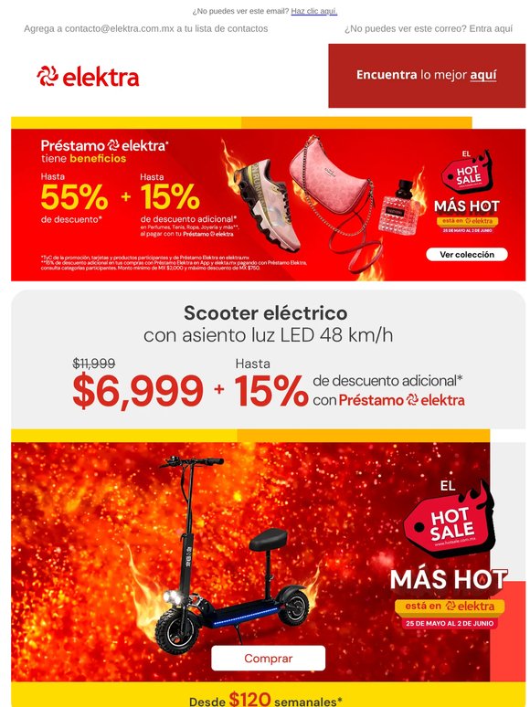 🔥HOT SALE 🛴 Scooter a $6,999 + hasta -15% adicional con Préstamo Elektra 💳