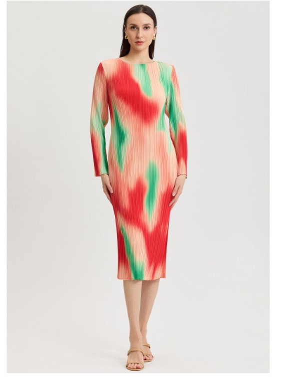 Micro Pleated Print Crepe Midi Dress