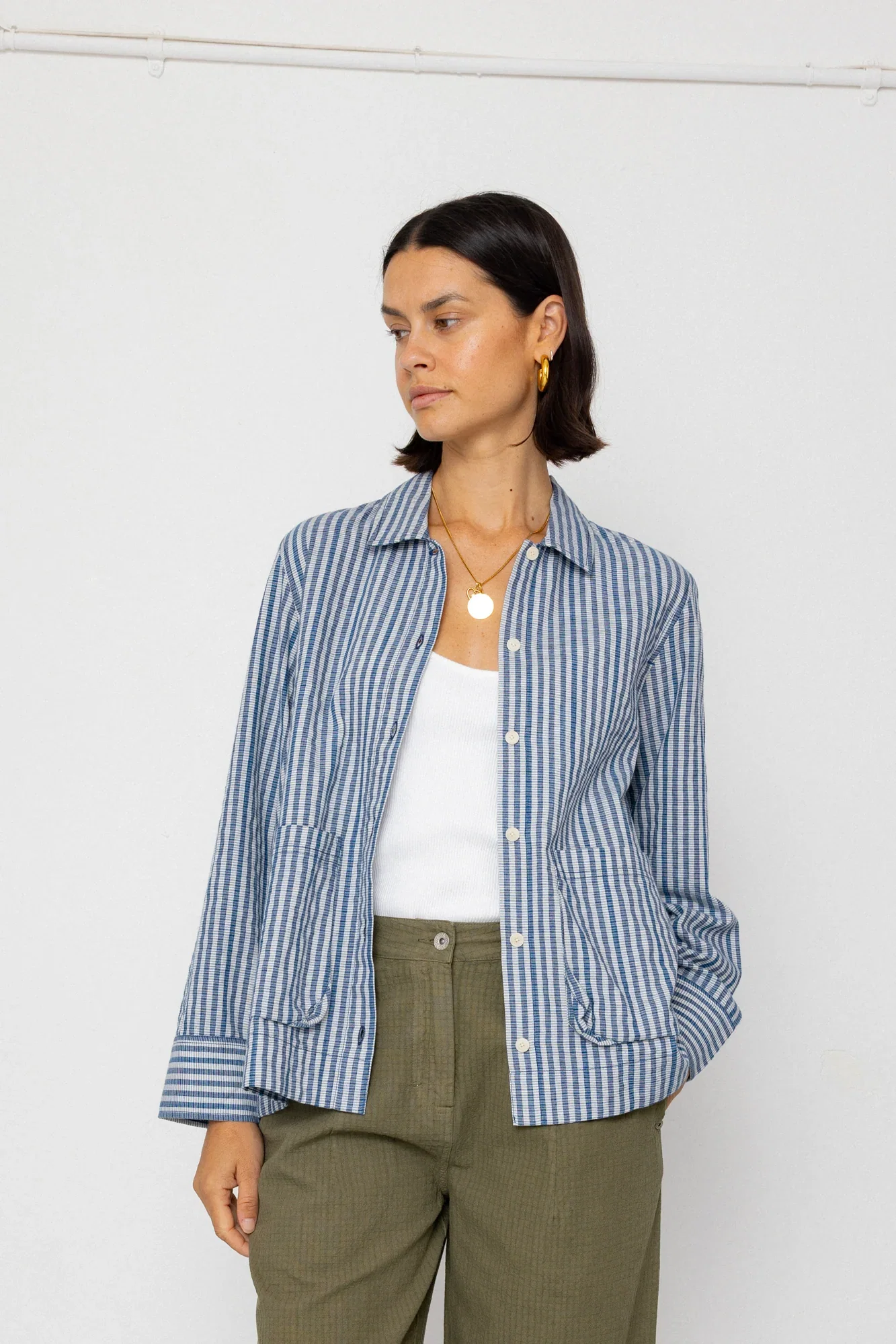 Image of Pleated Shirt - Indigo Crinkle Mini Check