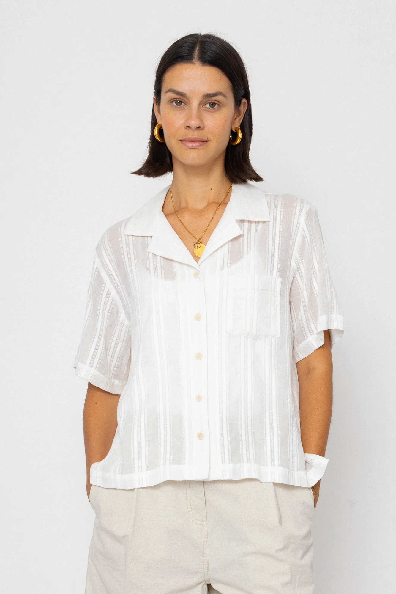 Image of Short Sleeve Soft Collar Shirt - Off White Dobby Stripe