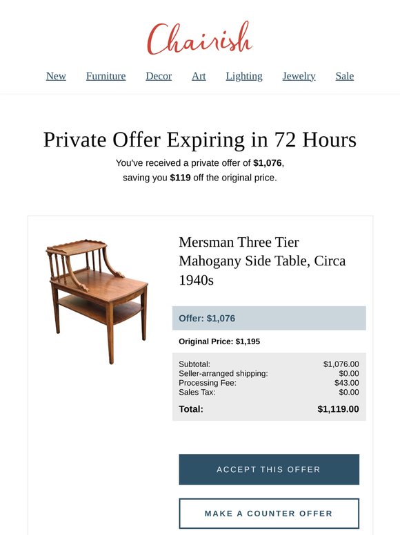 You have a private offer from a seller on Mersman Three Tier Mahogany Side Table, Circa 1940s