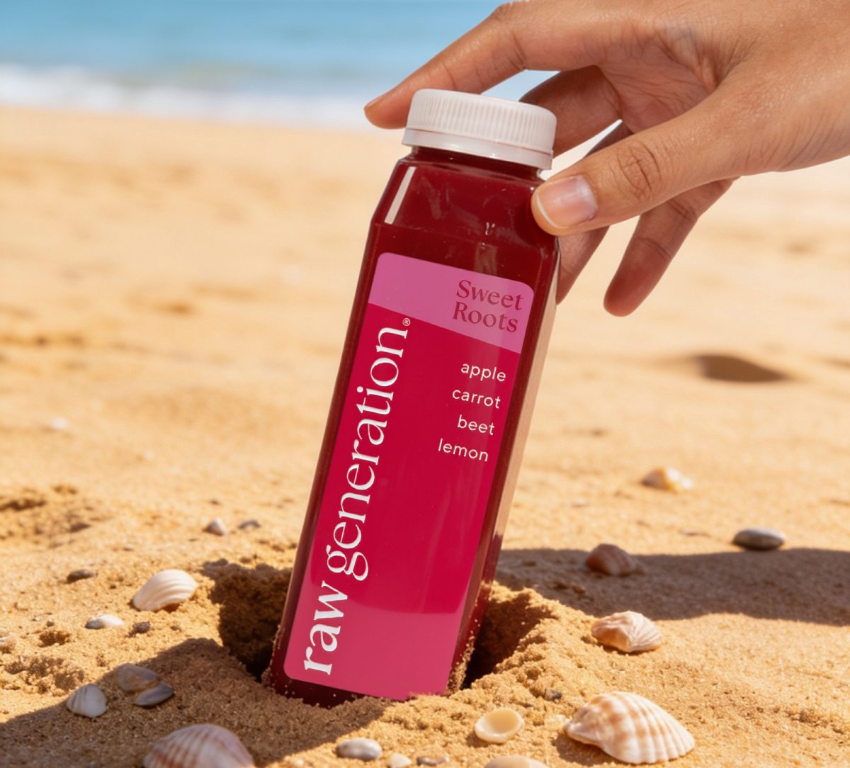 A hand holding a juice bottle in the sand, surrounded by seashells.