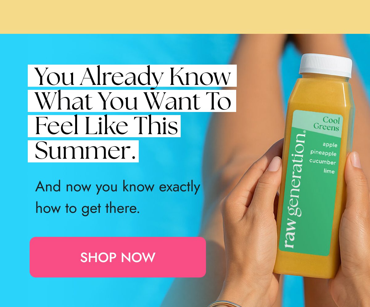 A person holding a bottle of juice by a pool, with text about summer feelings and wellness.