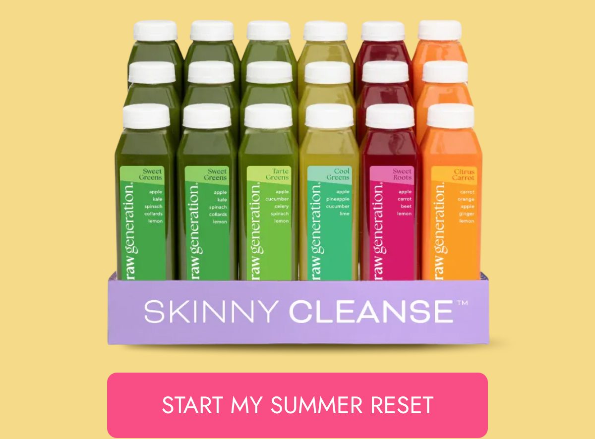 A display of colorful juice bottles arranged in a box with a pink button below.