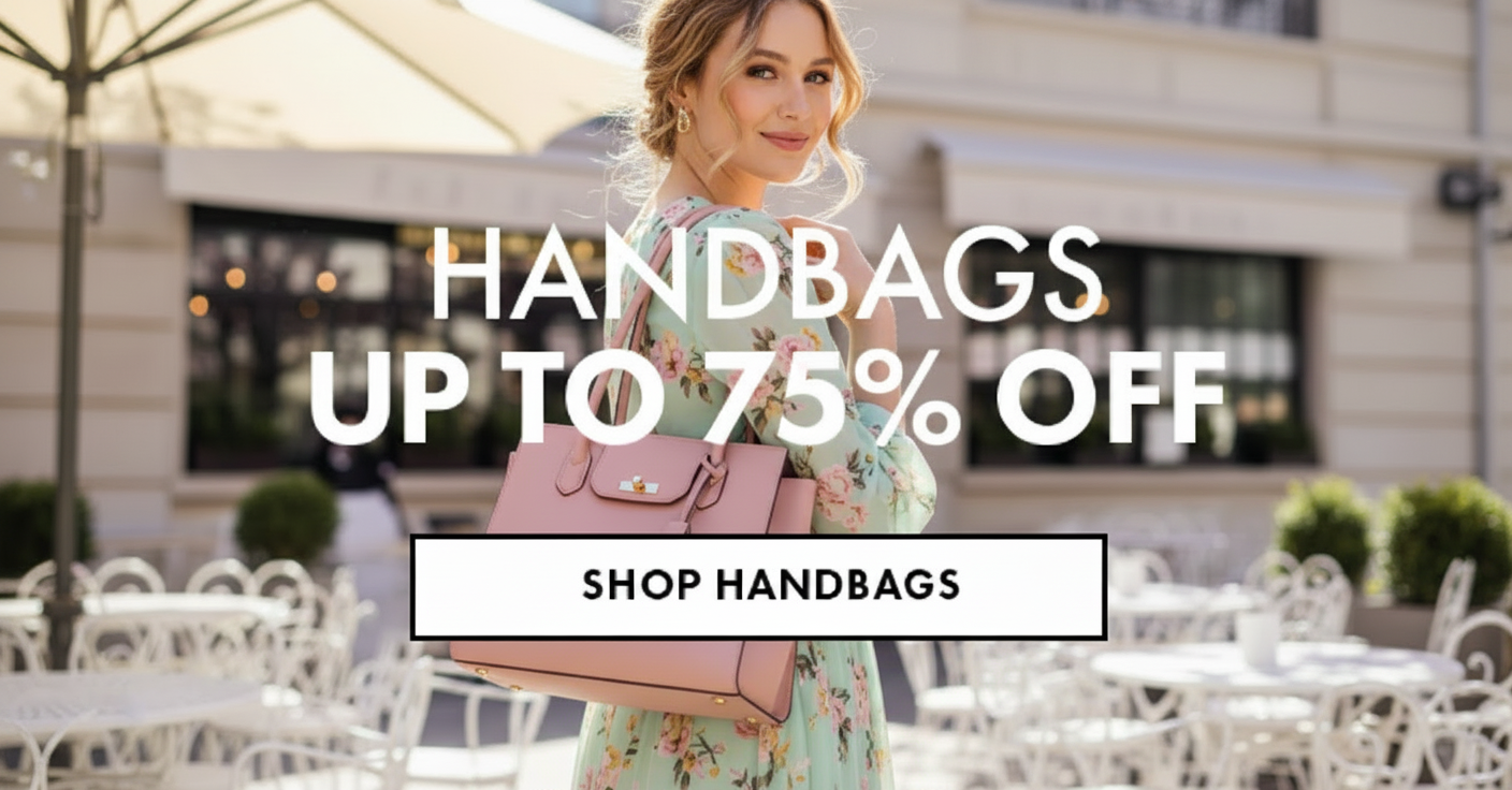 Woman in floral dress holding a pink handbag, advertising handbags up to 75% off.