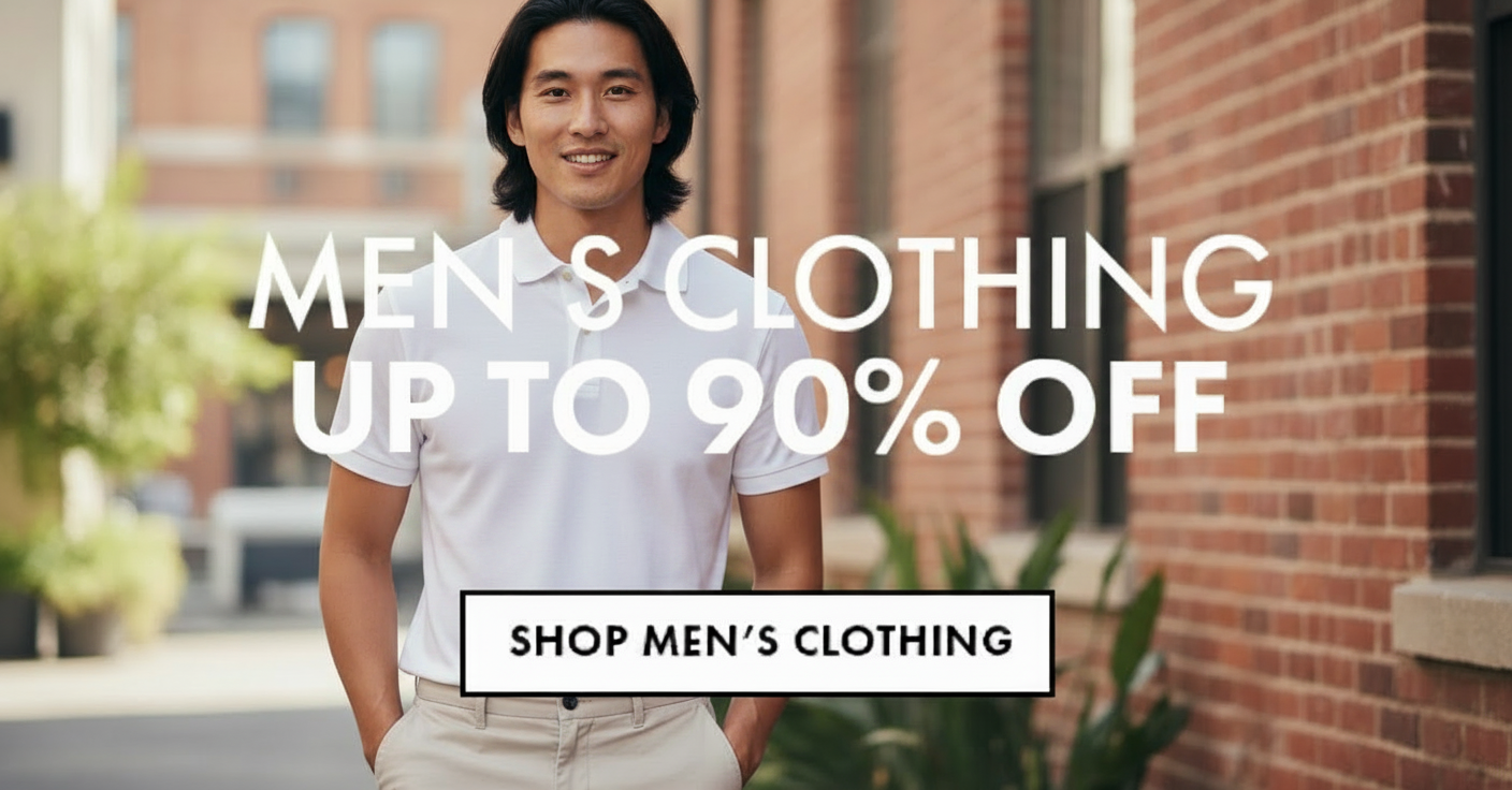 Men's clothing up to 90% off, with a button to shop.