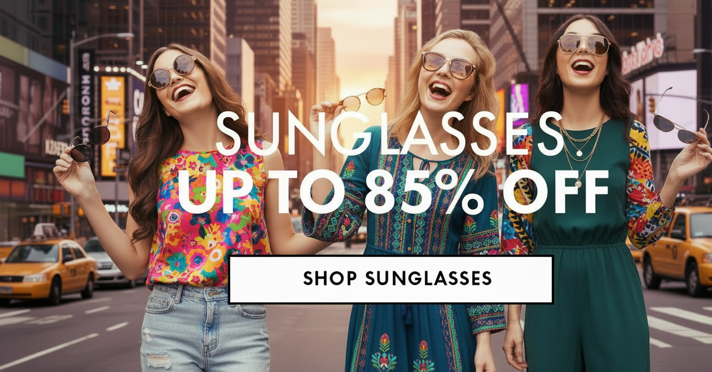 Three women in sunglasses on a city street with a "Sunglasses Up to 85% Off" sale banner.