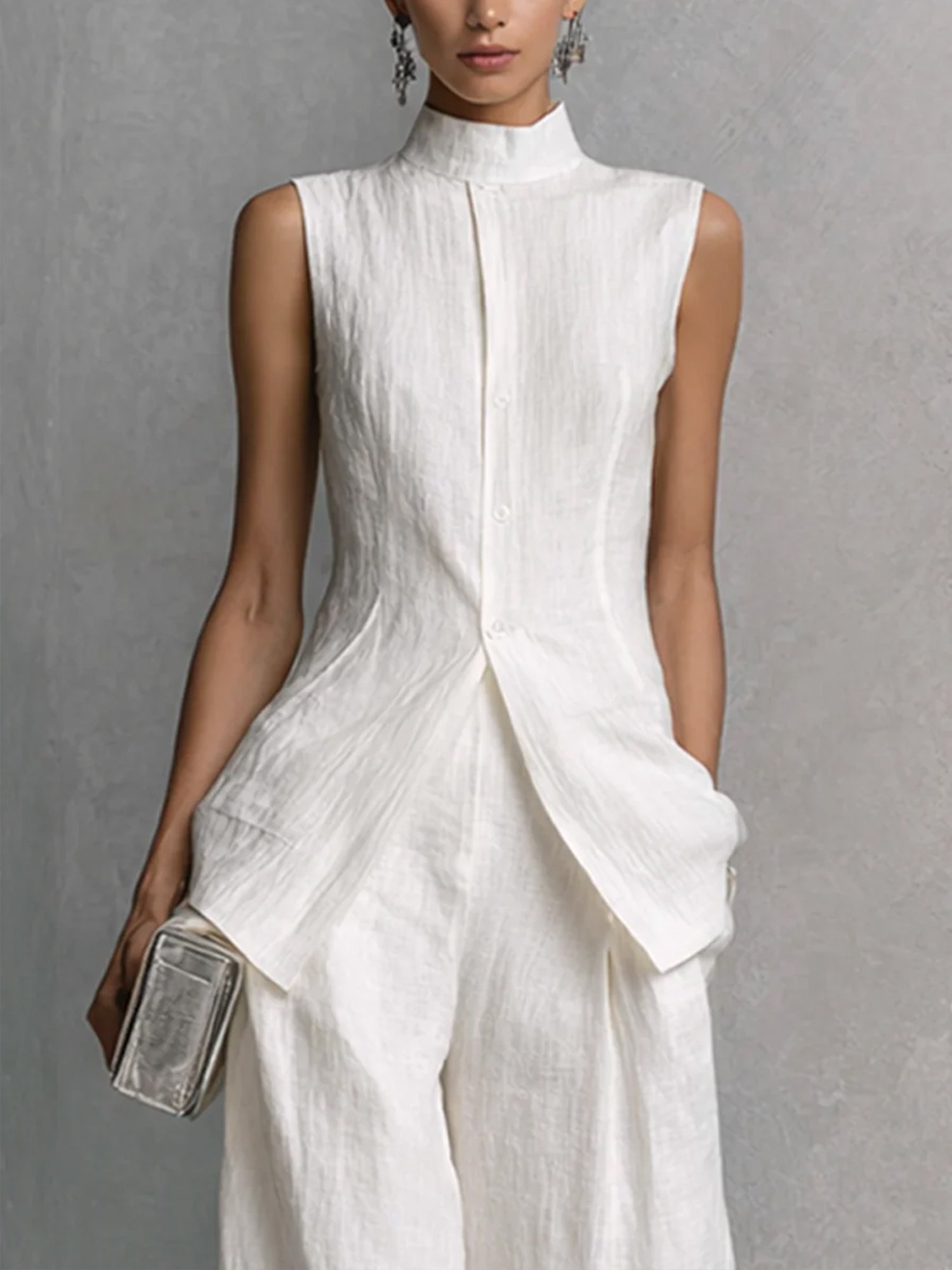 Image of Elegant Linen Sleeveless Vest Stand Collar Asymmetrical Hem Office Wear