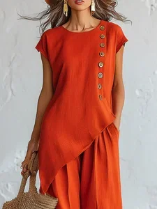 Image of Cotton And Linen Casual Plain Buttoned Crew Neck Blouse