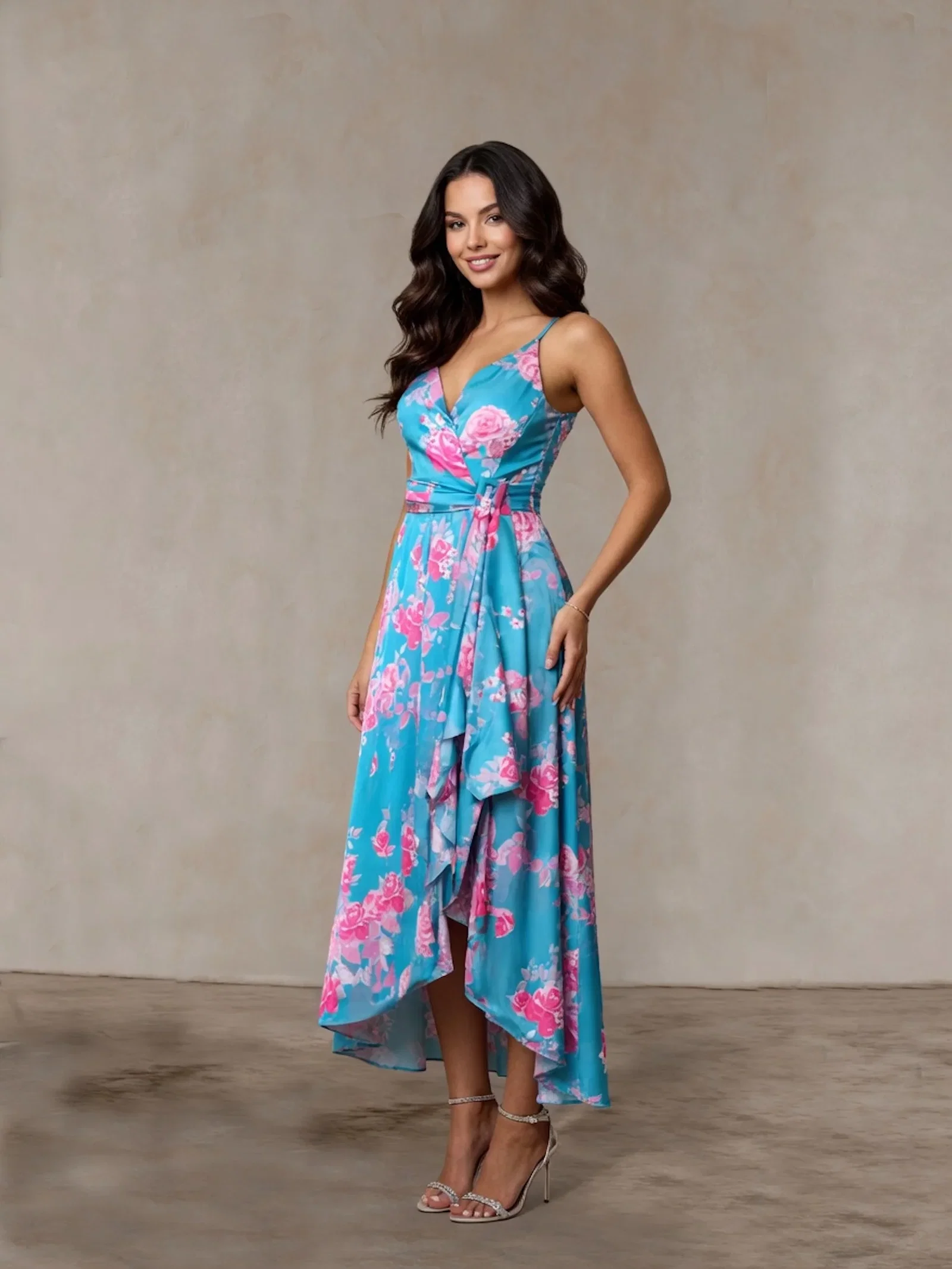 Image of Cami Floral Wrap Midi Dip Hem Dress in Green