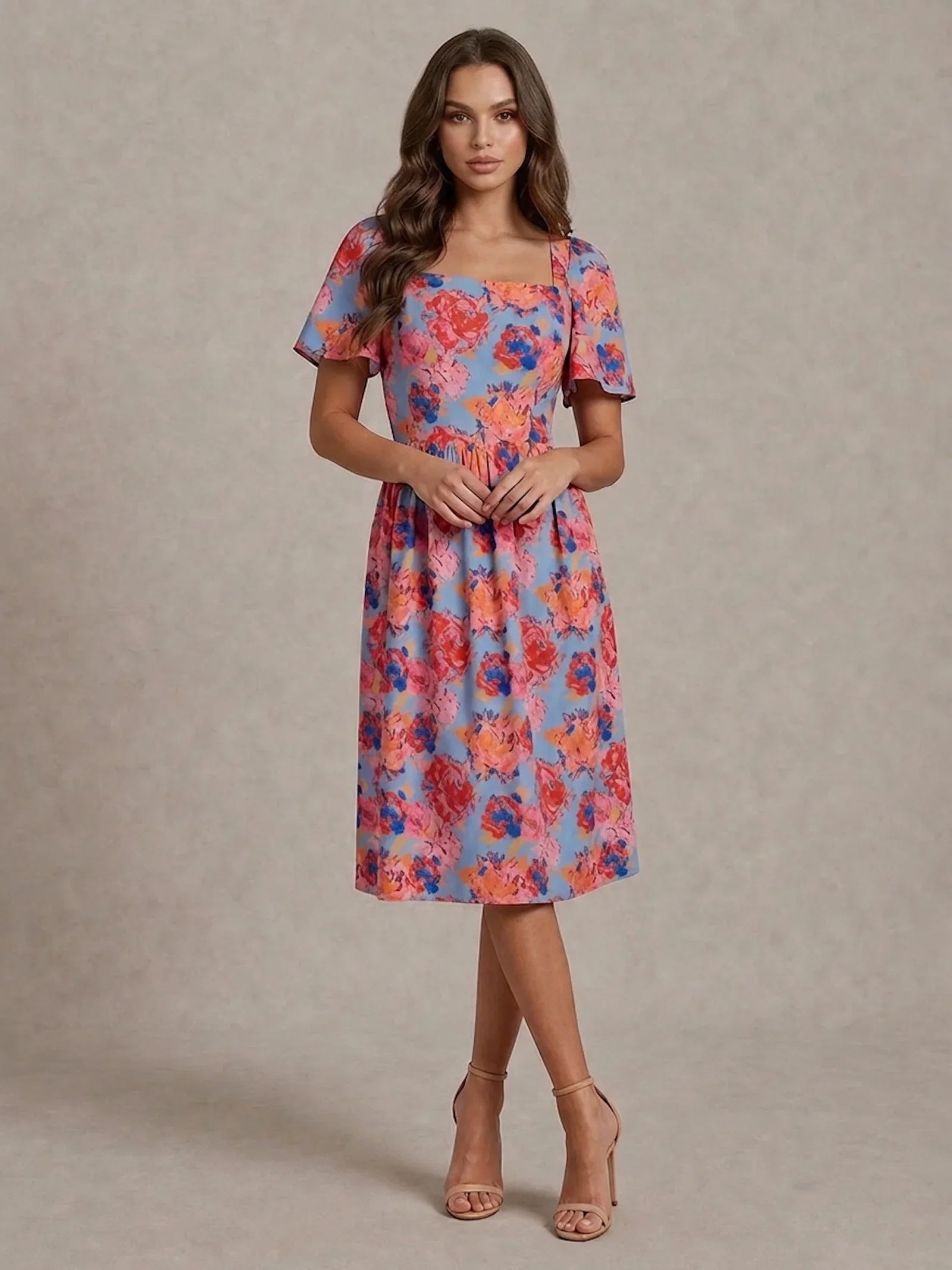 Image of Square Neck Floral Midi Dress in Blue