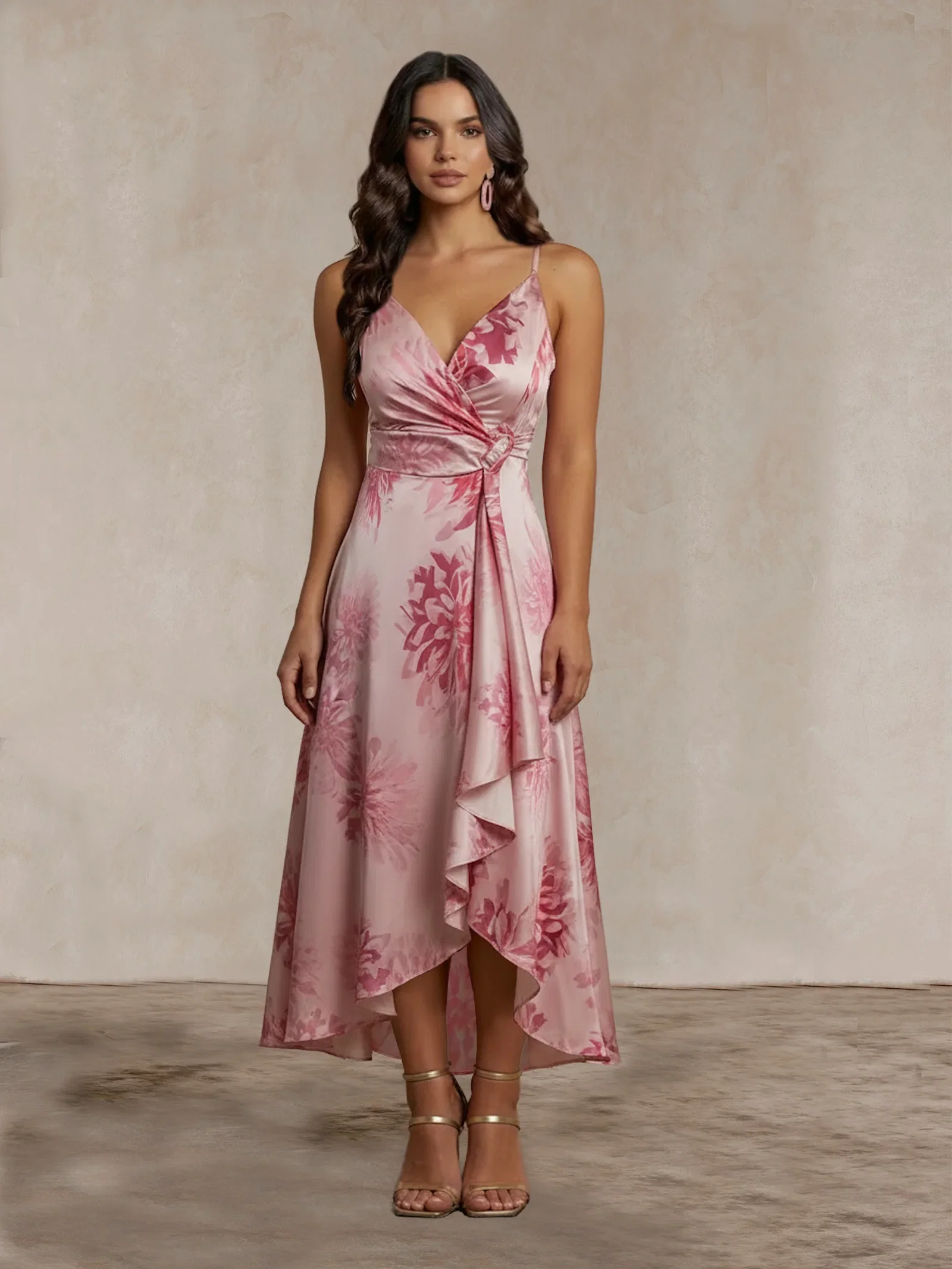 Image of Cami Floral Print Wrap Midi Dress in Pink
