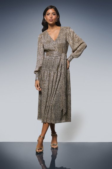 Animal Metallic Tie Waist Midi Dress