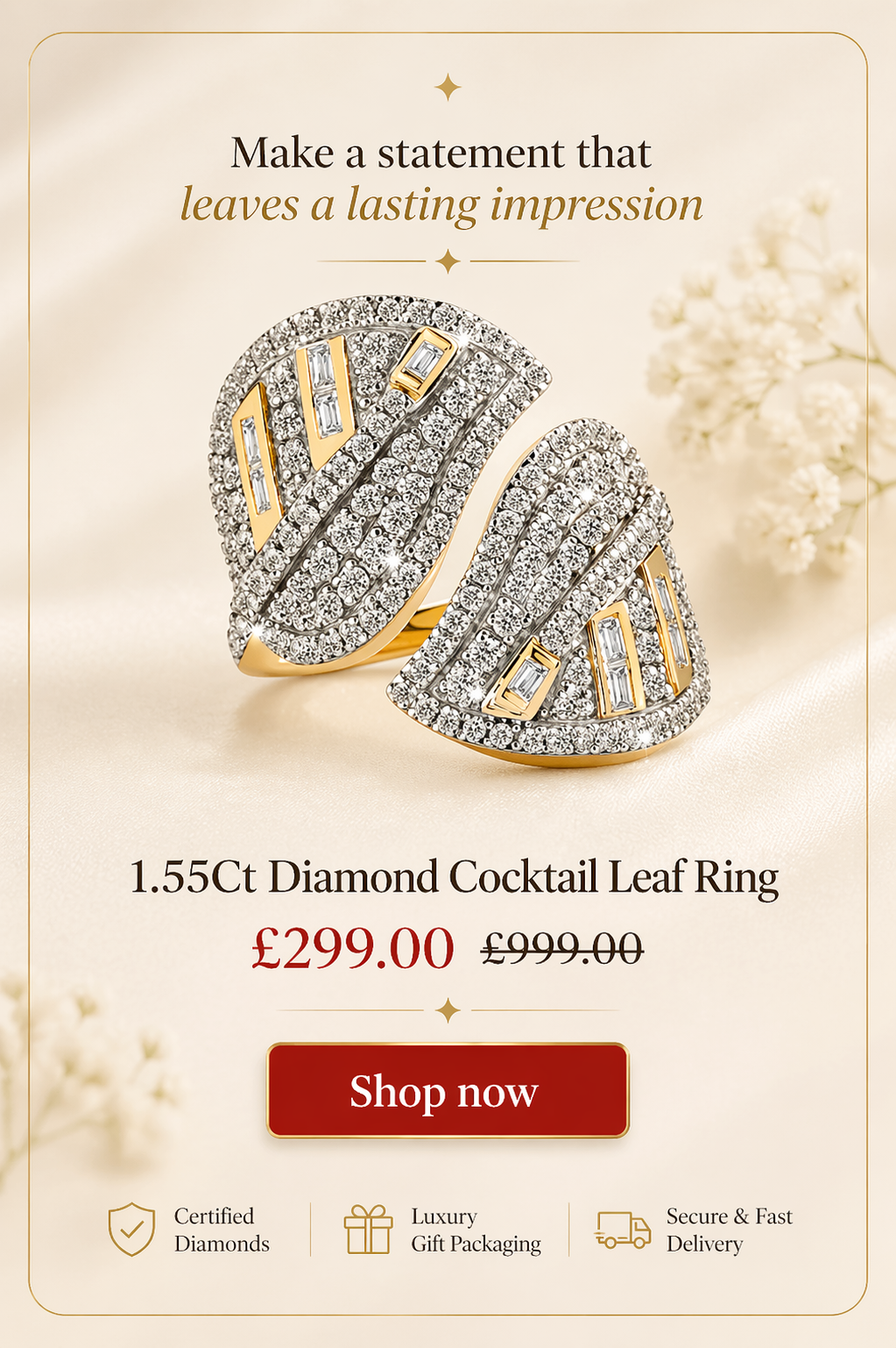 1.55Ct Cocktail Leaf Wrap Ring