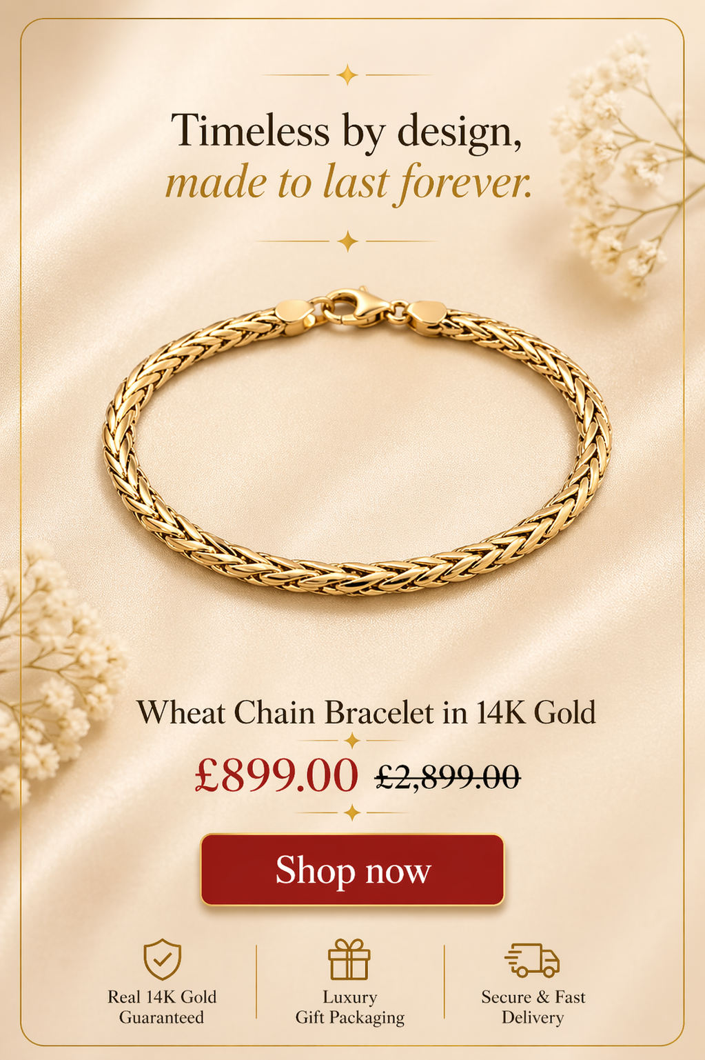 Wheat Chain Bracelet in 14K Gold
