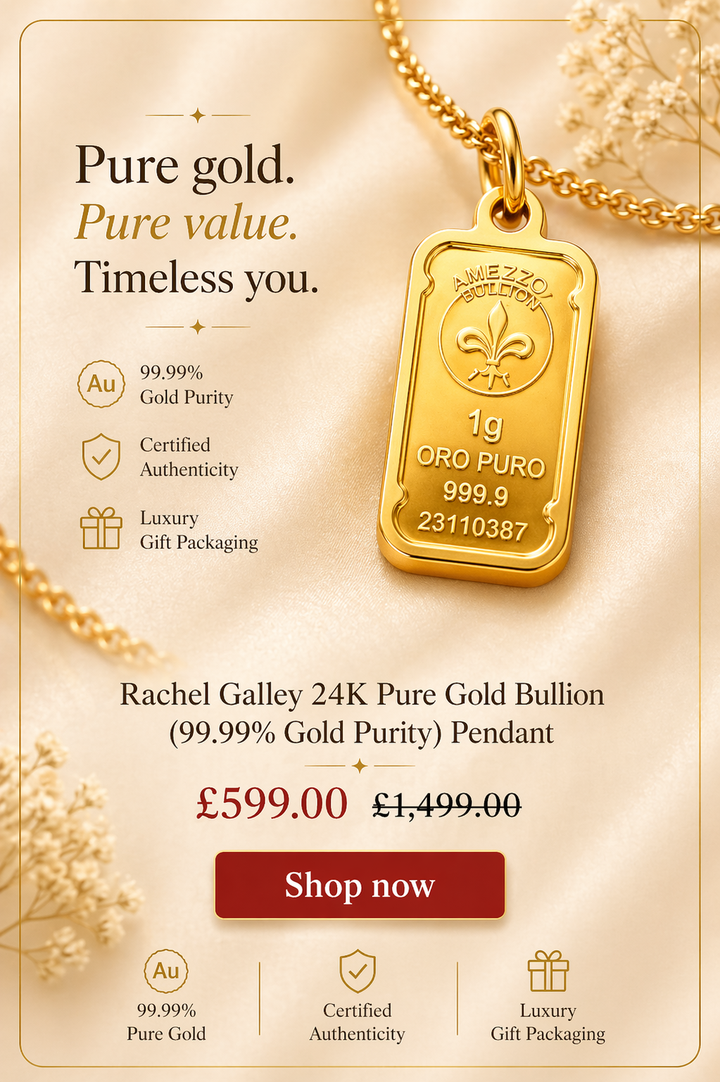 Rachel Galley 24K Pure Gold Bullion (99.99% Gold Purity) Pendant with 9K Gold Frame
