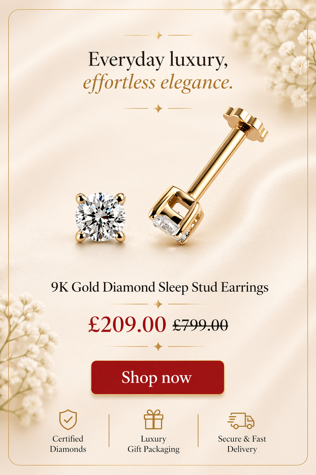 9K Gold World's Diamond Sleep Stud Earrings