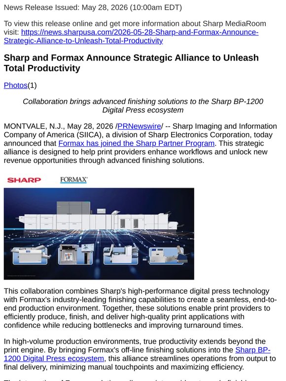 Sharp and Formax Announce Strategic Alliance to Unleash Total Productivity